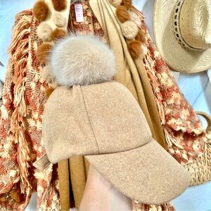Stylish Tan wool boho Cap with Pom Pom and cottage cabin vibe